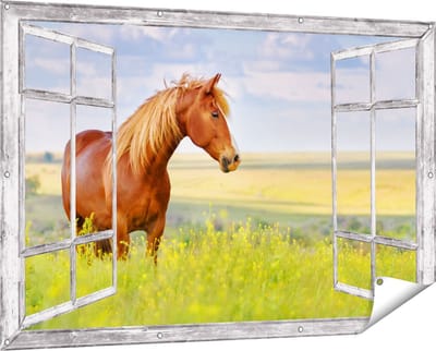Gards Tuinposter Doorkijk Bruin Paard in de Wei - 150x100 cm - Tuindoek - Tuindecoratie - Wanddecoratie buiten - Tuinschilderij