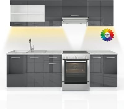 Vicco Keukenblok R-Line, Antraciet Hoogglans/Wit, 240 cm, WB Marmer met LED-strip