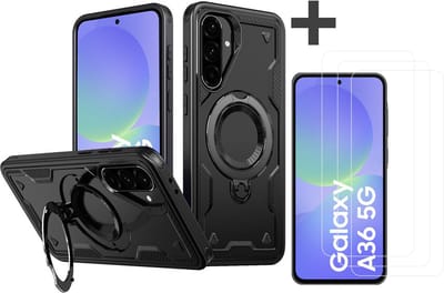 Hoesje Geschikt voor Samsung Galaxy A36 met 3 Stuks gehard glas Screenprotectors - Armor hoes met Ringhouder - Arara backcover - Zwart