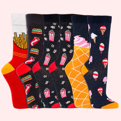 Sokken pakket 6 paar | maat 36-41 | Grappige sokken | Happy Socks printjes | Vrolijke sokken | Dames & Heren | Thema: Eten | Drukvrije teennaden | ademend katoen