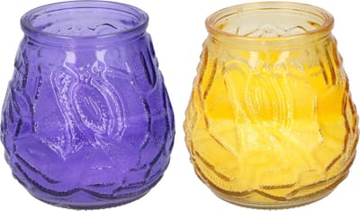 Arti Casa 4x stuks Citronella Lowboy tafelkaarsen 10 cm geel en paars glas