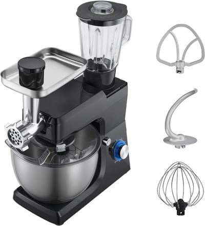Elektrische Keukenmixer, 7,8 L Keukenmixer met 1500 W Motor, 6+P Snelheden, Kantelbaar Kopontwerp, Inclusief 1,5 L Blenderbeker, Roestvrijstalen Kom, Deeghaak, Garde en Klopper voor Bakken en Mixen, Zwart