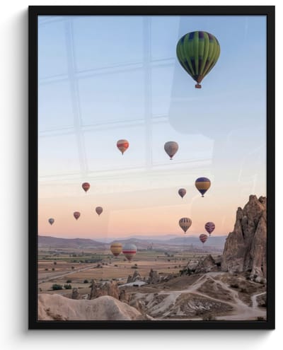 Poster in lijst - Fotolijst 60x80 cm - Posters - Luchtballonnen - Rotsen - Zonsopgang - Posterlijst zwart - Decoratie - Wanddecoratie woonkamer - Muurdecoratie slaapkamer
