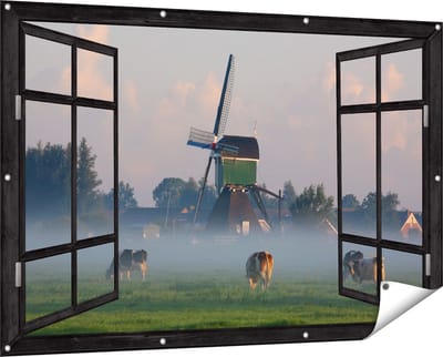 Gards Tuinposter Doorkijk Landschap met Koeien - 150x100 cm - Tuindoek - Tuindecoratie - Wanddecoratie buiten - Tuinschilderij