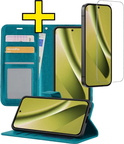 Hoesje - Met Screenprotector - Geschikt voor Google Pixel 10a - Luxe Pasjeshouder - Bookcase Portemonee - Flip Case - Kunstleer Book Case - Flipcase - Book Cover - Walletcase - Portemonneehoes - Telefoonhoesjes - Turquoise