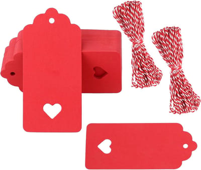 Hangtag - 100 Stuks - Kaarten - Papier - Hart Kartonnen Cadeaulabels - Beschrijfbaar - Hart - Wenskaarten - Te gebruiken voor cadeaubonnen, zelfgemaakte bedankkaartjes, feestuitnodigingen - 9.5*4.5cm - Rood