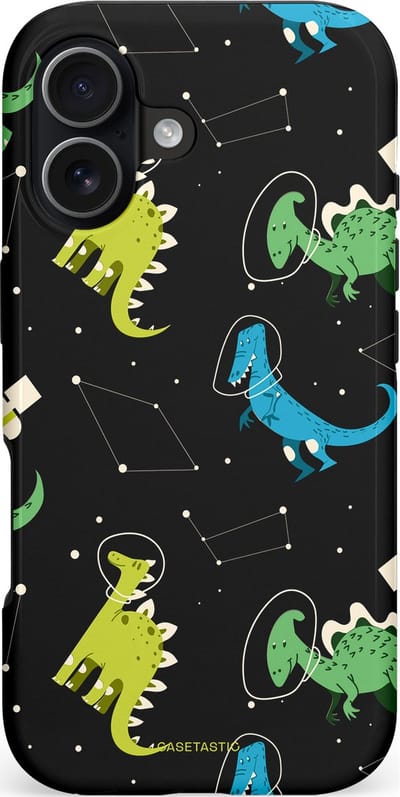 Casetastic hoesje geschikt voor Apple iPhone 17 - MagSafe - Dubbellaagse bescherming - Dino in de sterren - Fashion Case - Zwart Groen Blauw
