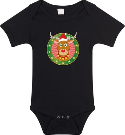 Kerst baby rompertje met Rudolf het rendier zwart jongens en meisjes - Kerstkleding baby 56