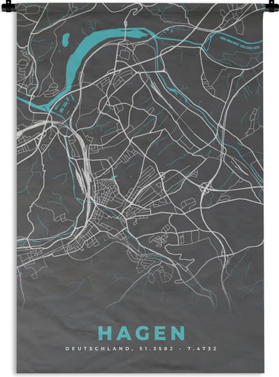 Wandkleed - Wanddoek - Kaart – Plattegrond – Stadskaart – Hagen – Duitsland – Blauw - 120x180 cm - Wandtapijt