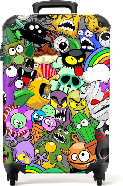 NoBoringSuitcases.com® Kinderkoffer - Monster - Neon - Patronen - Jongen - Kind - Kindertrolley meisje - Reiskoffer kinderen - Jongenskoffer - Kofferslot - Lichtgewicht - Past binnen 55x40x20 cm en 55x35x25 cm - Koffer meisje - Handbagagekoffer