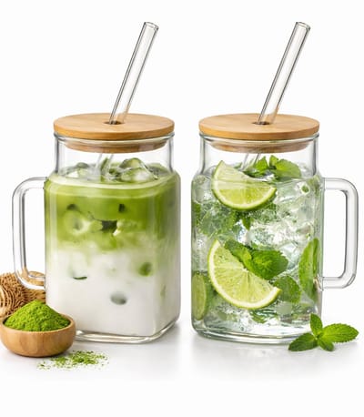 Set van 2 Glazen Drinkbekers met Deksel en Glazen Rietje – 450 ml – Perfect voor Matcha & Cocktails