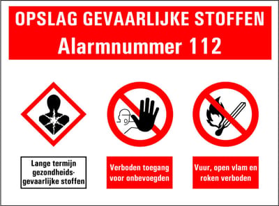 Opslag gevaarlijke stoffen met alarmnummer bord 280 x 210 mm