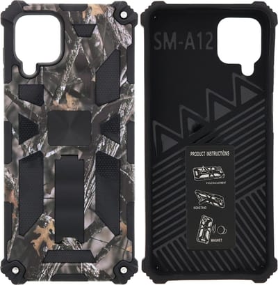 Hoesje Geschikt Voor Samsung Galaxy A12 (5G) Hoesje - Rugged Extreme Backcover Takjes Camouflage met Kickstand – Grijs
