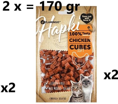 ** 2 X ** flamingo hapki chicken cubes soft voor katten - - 2 x 85 gr = 170 gram - glutenvrij - geen toegevoegde suiker