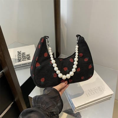 Schattige Aardbeien Tas Kleine Tas Zomer Okseltas Parel Handtas Corduroy Eén-schouder Handtas Dames gray