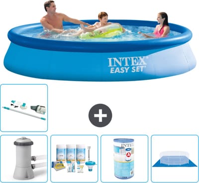 Intex Rond Opblaasbaar Easy Set Zwembad - 366 x 76 cm - Blauw - Inclusief Pomp - Onderhoudspakket - Filter - Grondzeil - Stofzuiger - Solar Mat - 7-delig