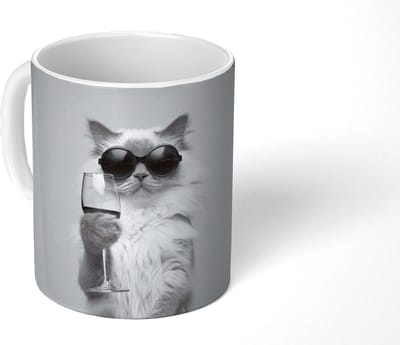 Mok - Koffiemok - Kat - Zonnebril - Wijnglas - Langharig - Mokken - 350 ML - Beker - Koffiemokken - Theemok