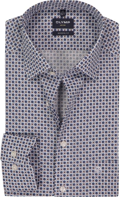 OLYMP Luxor modern fit overhemd - popeline - marine blauw dessin - Strijkvrij - Boordmaat: 39