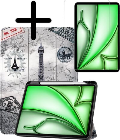 Hoesje Geschikt voor Apple iPad Air 6 (2024) - 11 inch - 6e Generatie - M2 - Met Screenprotector - Trifold Bookcase - Hard Cover Case - Met Uitsparing Geschikt voor Apple Pencil - Hardcover Book - Tablet Hoes - Eiffeltoren