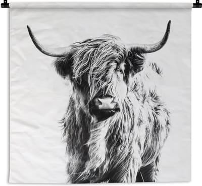 Wandkleed - Wanddoek - Zwart - Wit - Schotse Hooglander - Dieren - 180x180 cm - Wandtapijt
