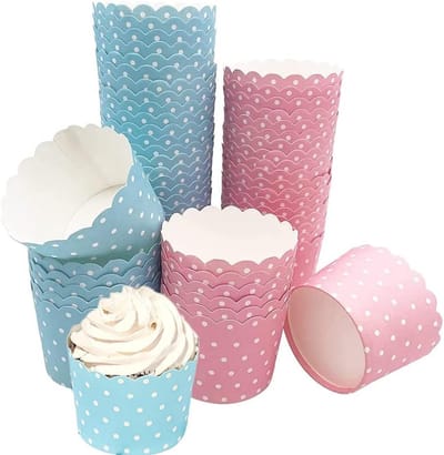 Set van 100 Papieren Cupcake Muffin Bakjes met Polka Dot Patroon voor Feestjes, Bruiloften en Verjaardagen in Blauw en Roze