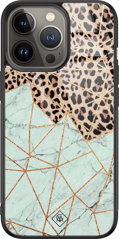Casimoda® hoesje - Geschikt voor iPhone 13 Pro - Luipaard Marmer Mint - Luxe Hard Case Zwart - Backcover telefoonhoesje - Bruin