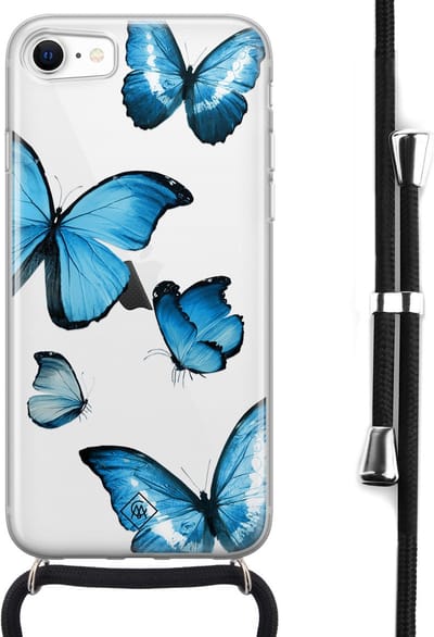 Casimoda® hoesje met koord - Geschikt voor iPhone SE (2020) - Blauwe Vlinders - Afneembaar koord - Siliconen/TPU - Blauw