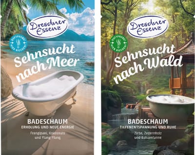 Badzout Combi - Set van 2 - Verlangen naar Zee & Bos | 2x 60g - Frangipani, kokosnoot en ylang-ylang & Zwitserse pijnbomen, cederhout en balsemspar | Dresdner Essenz Badzout - Vegan