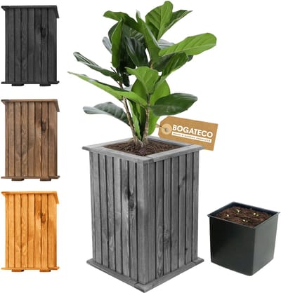 BOGATECO houten bloembak | Plantenbak | Bloempot 40 x 25 x 25 cm | Kruidenpot voor huis tuin balkon terras | Pot met kunststof inzetstuk | Waterdicht | Grijs