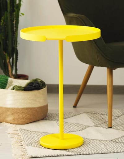 Bijzettafel Aluminium - Ronde Tafel - Buiten Binnen - Afneembaar Dienblad - 46 cm Hoog - Geel