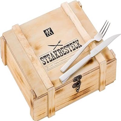 Steakbestekset 12-delig voor 6 Personen – Steakmessen & Vorken met Gekarteld Lemmet – Roestvrij Staal – Inclusief Luxe Houten Opbergkist – Ideaal voor Steak, BBQ & Diner