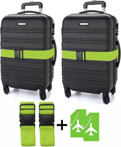 CADEBO 2x Kofferriemen + 2x Bagagelabels - 188 cm * 5 cm - Verstelbaar - Geschikt voor iedere koffer - Lime
