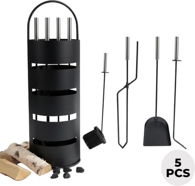 Lomera Openhaardset Rvs Zwart - 5-Delig Haardgereedschap - Haardset Voor Houtkachel - Haardstel Zwart - Vuurpook En Schep - Bezem En Tang - Standaard Met Gereedschap - Pook En Veger - Haardaccessoires - Openhaard Set