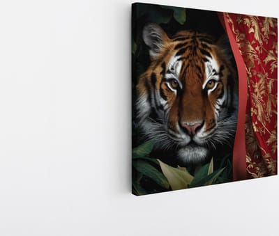 Saammp Canvas Schilderij - Tijger met rood doek - Natuur - Dieren - 20x20 - Foto op canvas - Wanddecoratie - muurdecoratie Woonkamer - Slaapkamer decoratie - Canvas Print