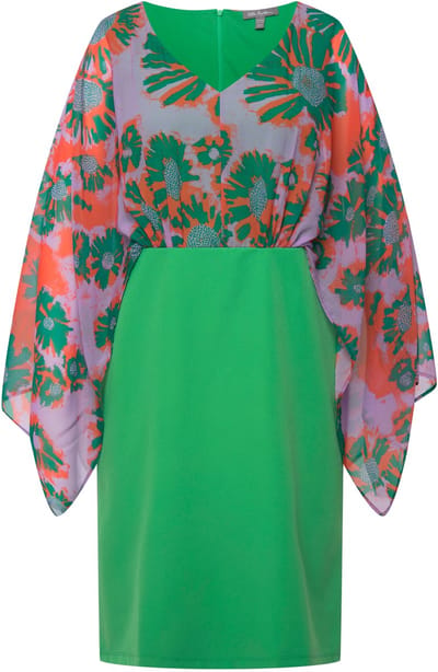 Ulla Popken - Dames - midi jurk chiffon buste bladeren V-hals lange mouwen - Groen - Maat 46+