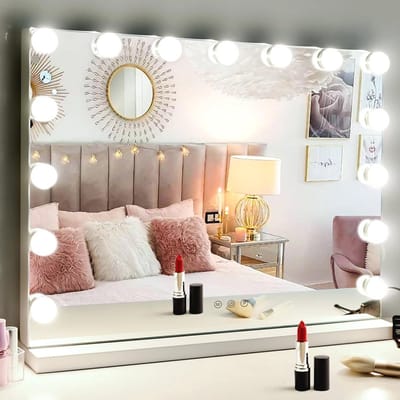 Hollywood make-upspiegel met dimbare LED-lampen en 3 verlichtingsmodi, 2-in-1 grote verlichte spiegel voor bureau en muur met USB-oplaadpoort