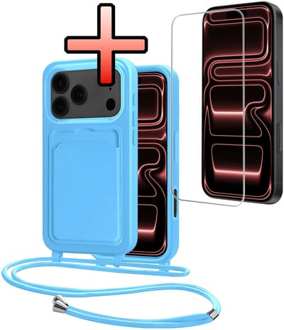 Hoes Geschikt voor iPhone 17 Pro Hoesje Pasjeshouder Cover Met Koord Case Siliconen Hoes Met Telefoonkoord en Kaarthouder Met Screenprotector - Lichtblauw