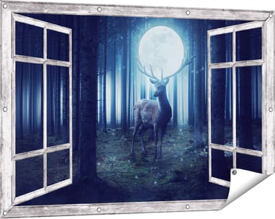 Gards Tuinposter Doorkijk Hert in het Bos tijdens Volle Maan - 120x80 cm - Tuindoek - Tuindecoratie - Wanddecoratie buiten - Tuinschilderij