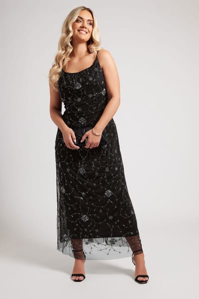 Luxe: Ultimate Embellishment Luxe Zwarte Maxijurk Met Handversiering En Bloemenmotiefsize 42