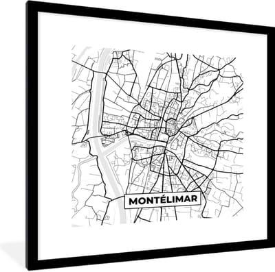 Fotolijst incl. Poster Zwart Wit- Montélimar - Frankrijk - Plattegrond - Stadskaart - Kaart - Zwart wit - 40x40 cm - Posterlijst