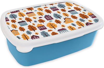 Broodtrommel Blauw - Lunchbox - Brooddoos - Patronen - Huis - Bomen - 18x12x6 cm - Kinderen - Jongen
