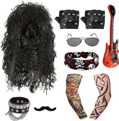 Rocker Party Set voor Mannen met 8 Accessoires, 80s Rock Kostuum, Hippie Outfit en Snor Kit