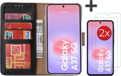 Hoesje met 2 Stuks Screenprotectors Geschikt voor Samsung Galaxy A37 – Arara bookcase met pasjeshouder - Zwart