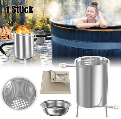 Froadp 1e Edelstahl Poolheizung Feuertonne Met Heizspirale, Zwembadverwarming Vuurton Ø32/ Ø38mm 2 In 1 Anschluss, Brennholz Heizung, Met Feuerschutzmatte & Restasche Auffangwanne, 28 L Inhalt Gartendusche Heizungen, Silber