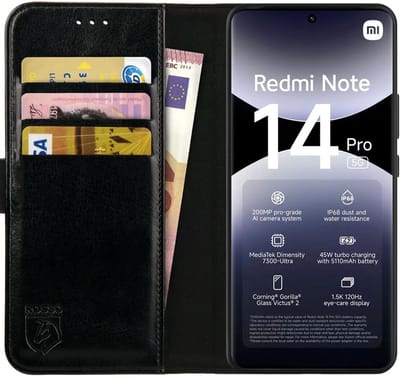 Rosso Element Geschikt voor Xiaomi Redmi Note 14 Pro 5G | Wallet Book Case | Portemonnee Hoesje | 3 Pasjes | Magneetsluiting | Stand Functie | Zwart