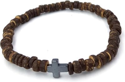 Armband met kokoskralen en hematiet kruisje - 20 cm
