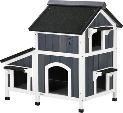 Kattenhuis - Voor buiten - Hok - Kooi - Bench - Ren - 2 verdiepingen - duurzaam - Grijs