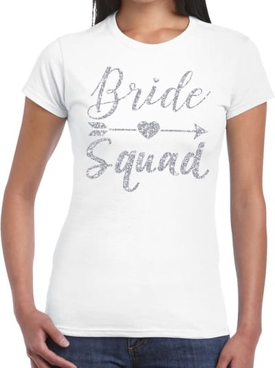 Vrijgezellenfeest Bride Squad Cupido zilver glitter t-shirt wit dames - Vrijgezellenfeest kleding XS