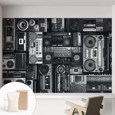 Coloray Behang - Retro radio Wanddecoratie - 152x104 cm - Zwart Behang - Voor liefhebbers van retro en muziek - Behang Voor op kantoor, voor de woonkamer, voor de hal - Muurbehang Achtergronden en patronen