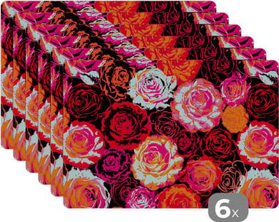 Placemat - Placemats kunststof - Rozen - Patronen - Bloemen - 45x30 cm - 6 stuks - Hittebestendig - Anti-Slip - Onderlegger - Afneembaar